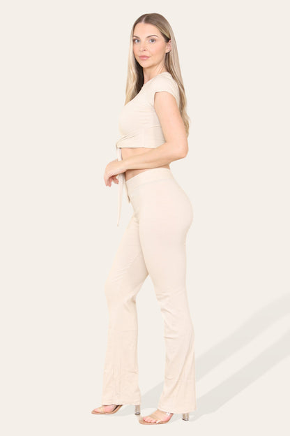 Tie Belt Front Cropped Loungewear Ribbed Trousers Set - Multi Trends