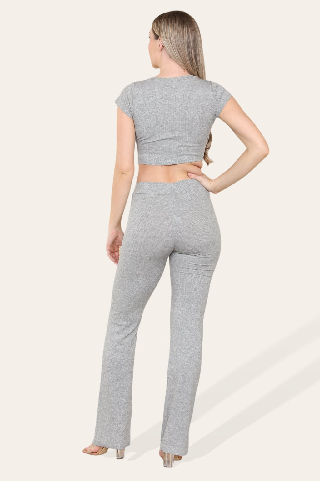 Tie Belt Front Cropped Loungewear Ribbed Trousers Set - Multi Trends