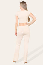 Tie Belt Front Cropped Loungewear Ribbed Trousers Set - Multi Trends