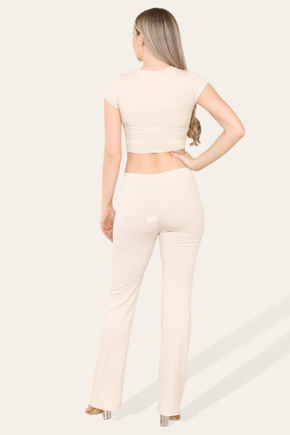 Tie Belt Front Cropped Loungewear Ribbed Trousers Set - Multi Trends