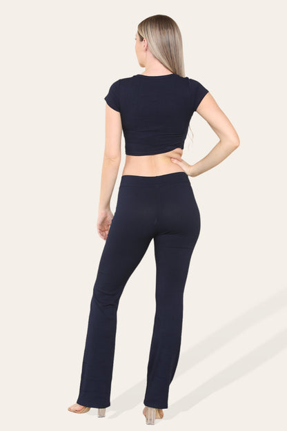 Tie Belt Front Cropped Loungewear Ribbed Trousers Set - Multi Trends