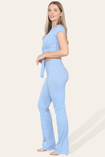 Tie Belt Front Cropped Loungewear Ribbed Trousers Set - Multi Trends