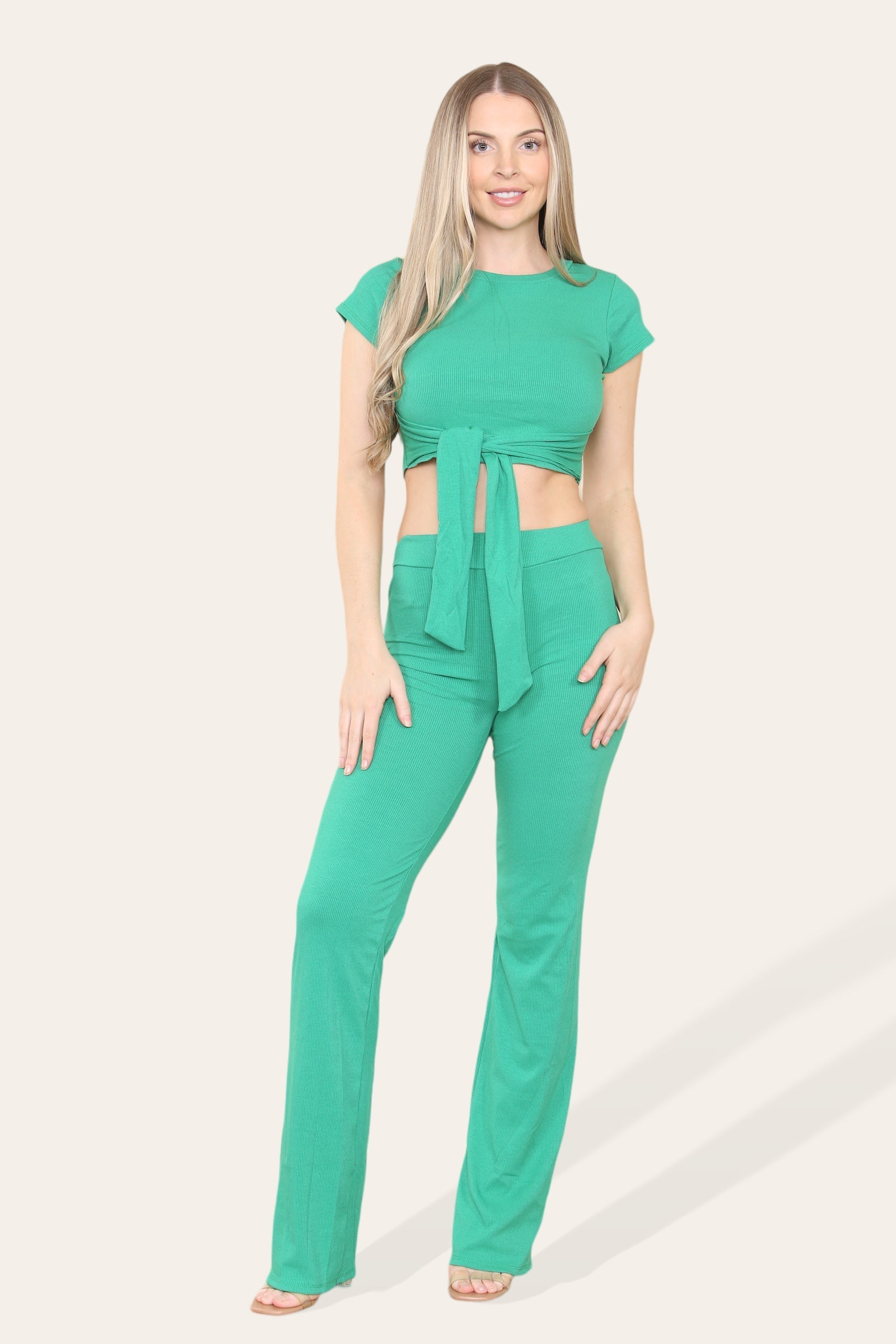 Tie Belt Front Cropped Loungewear Ribbed Trousers Set - Multi Trends