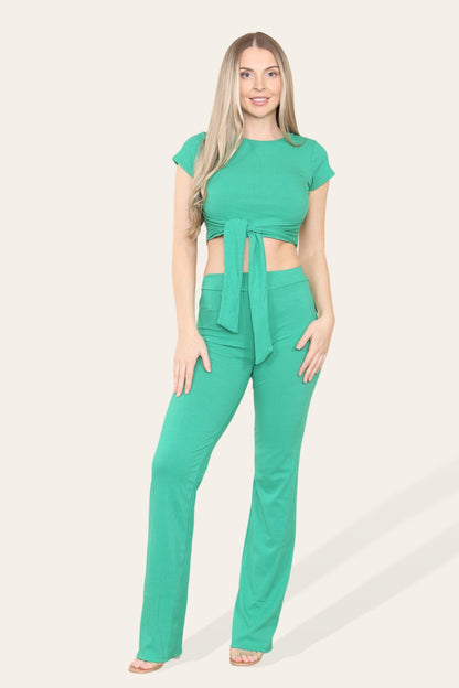 Tie Belt Front Cropped Loungewear Ribbed Trousers Set - Multi Trends
