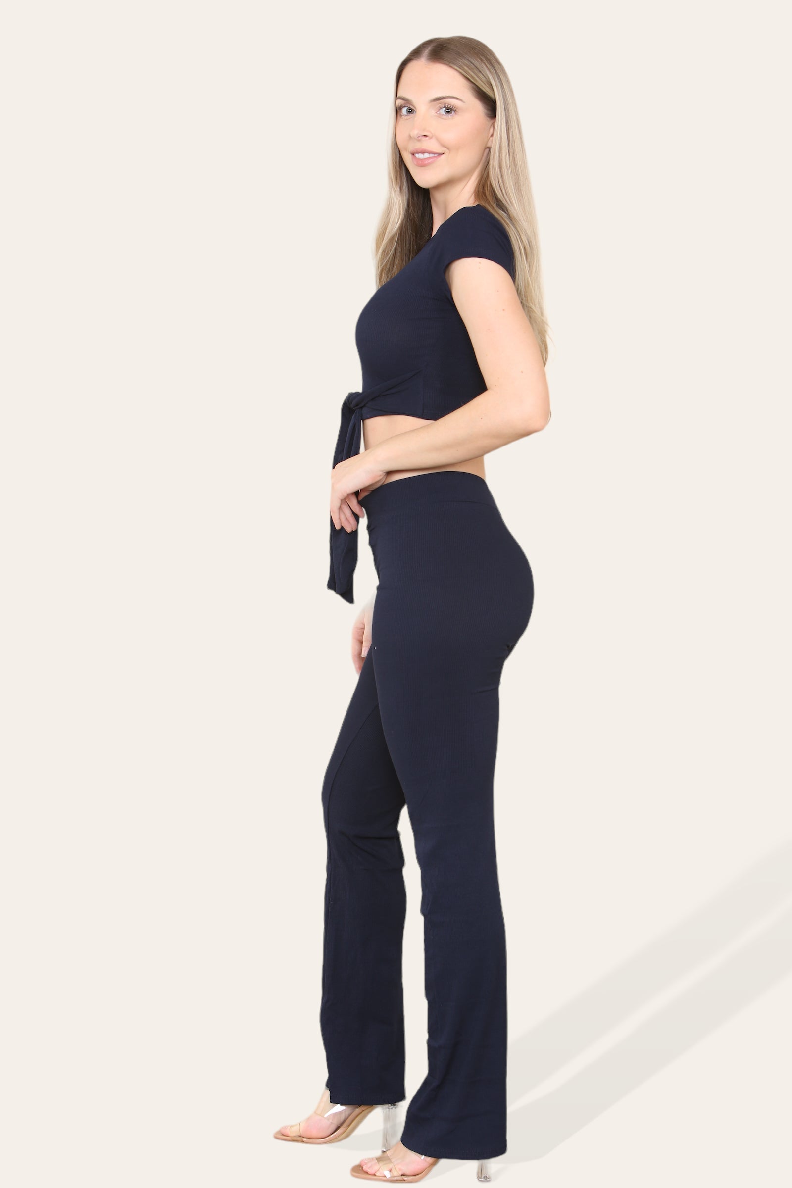 Tie Belt Front Cropped Loungewear Ribbed Trousers Set - Multi Trends