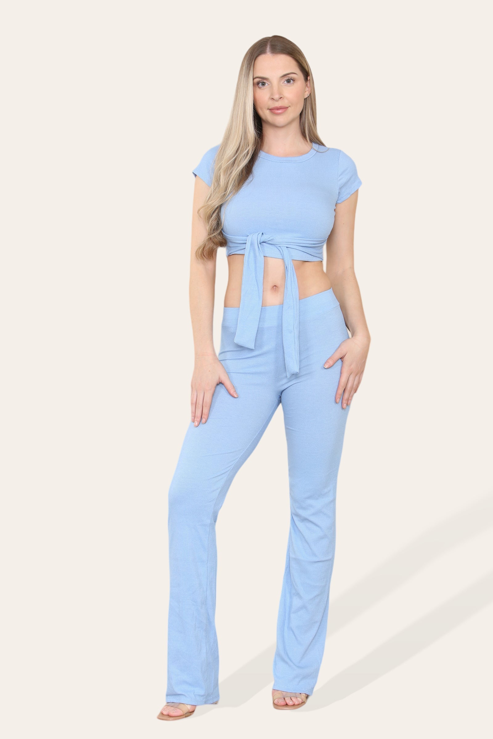 Tie Belt Front Cropped Loungewear Ribbed Trousers Set - Multi Trends