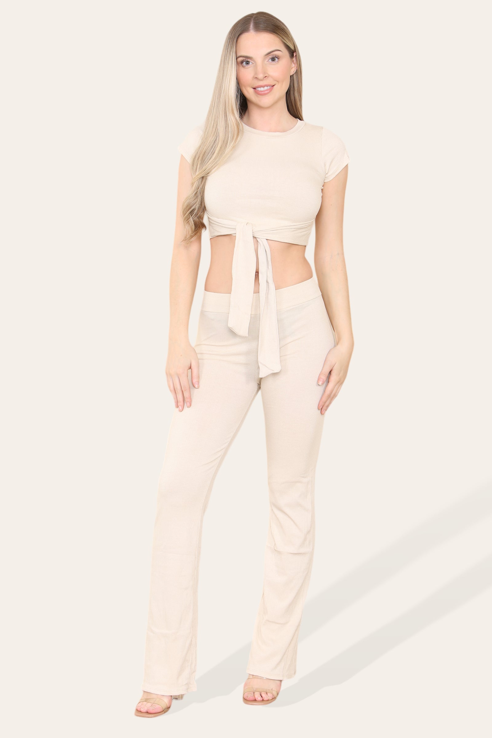 Tie Belt Front Cropped Loungewear Ribbed Trousers Set - Multi Trends