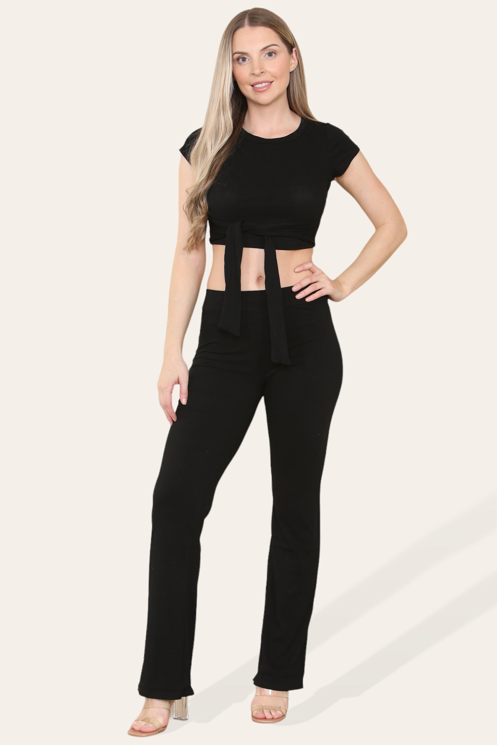 Tie Belt Front Cropped Loungewear Ribbed Trousers Set - Multi Trends