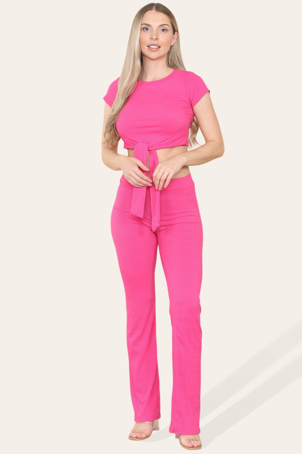 Tie Belt Front Cropped Loungewear Ribbed Trousers Set - Multi Trends