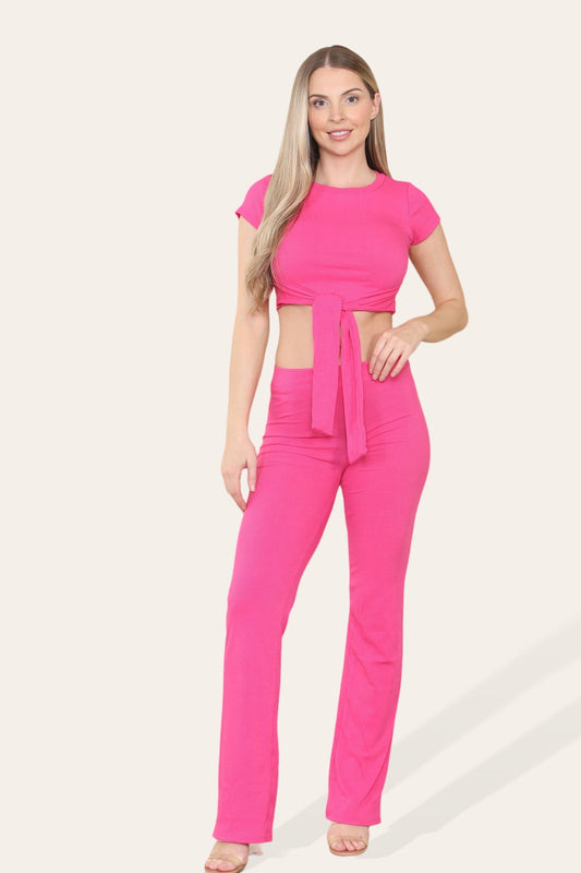 Tie Belt Front Cropped Loungewear Ribbed Trousers Set - Multi Trends