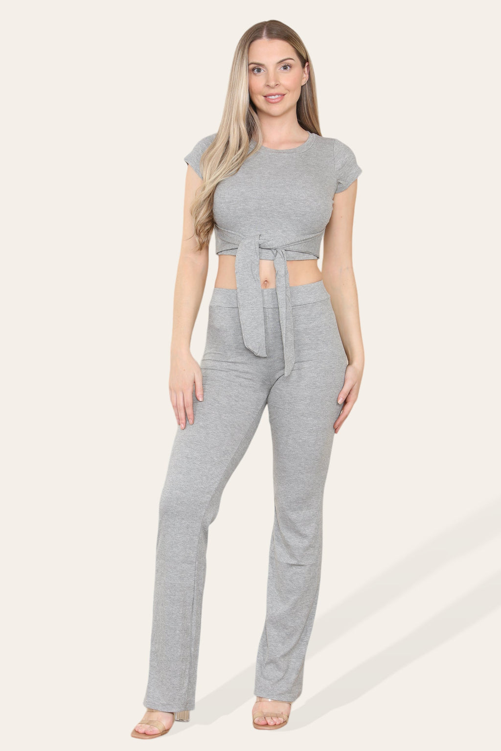 Tie Belt Front Cropped Loungewear Ribbed Trousers Set - Multi Trends