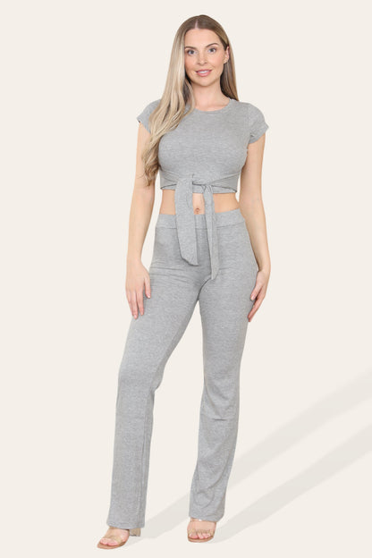 Tie Belt Front Cropped Loungewear Ribbed Trousers Set - Multi Trends