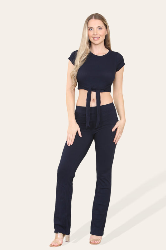 Tie Belt Front Cropped Loungewear Ribbed Trousers Set - Multi Trends