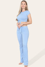 Tie Belt Front Cropped Loungewear Ribbed Trousers Set - Multi Trends