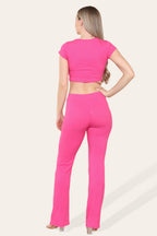 Tie Belt Front Cropped Loungewear Ribbed Trousers Set - Multi Trends