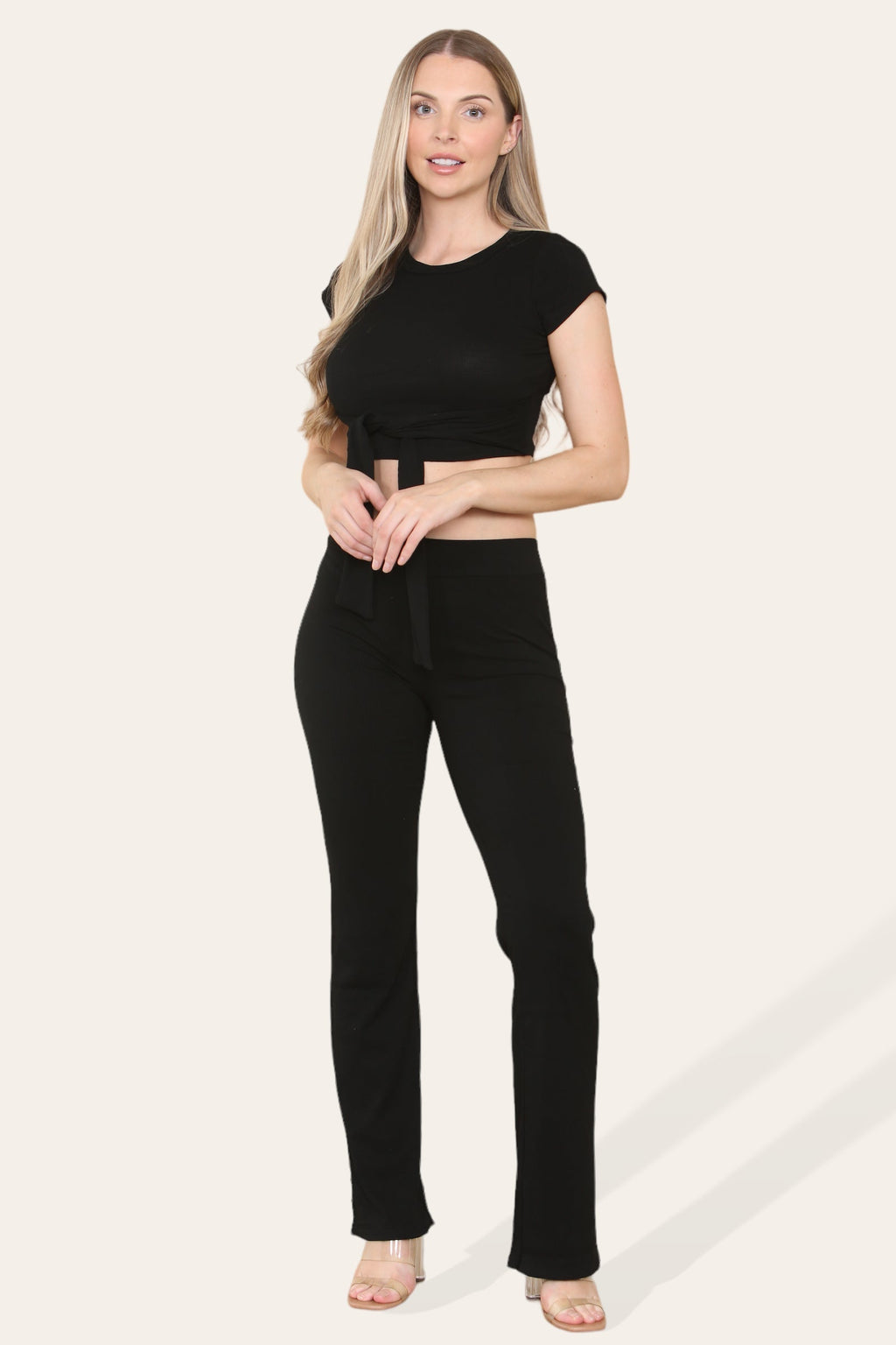 Tie Belt Front Cropped Loungewear Ribbed Trousers Set - Multi Trends