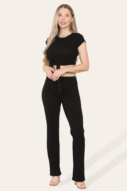 Tie Belt Front Cropped Loungewear Ribbed Trousers Set - Multi Trends
