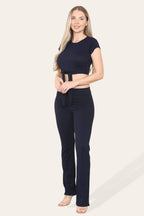 Tie Belt Front Cropped Loungewear Ribbed Trousers Set - Multi Trends