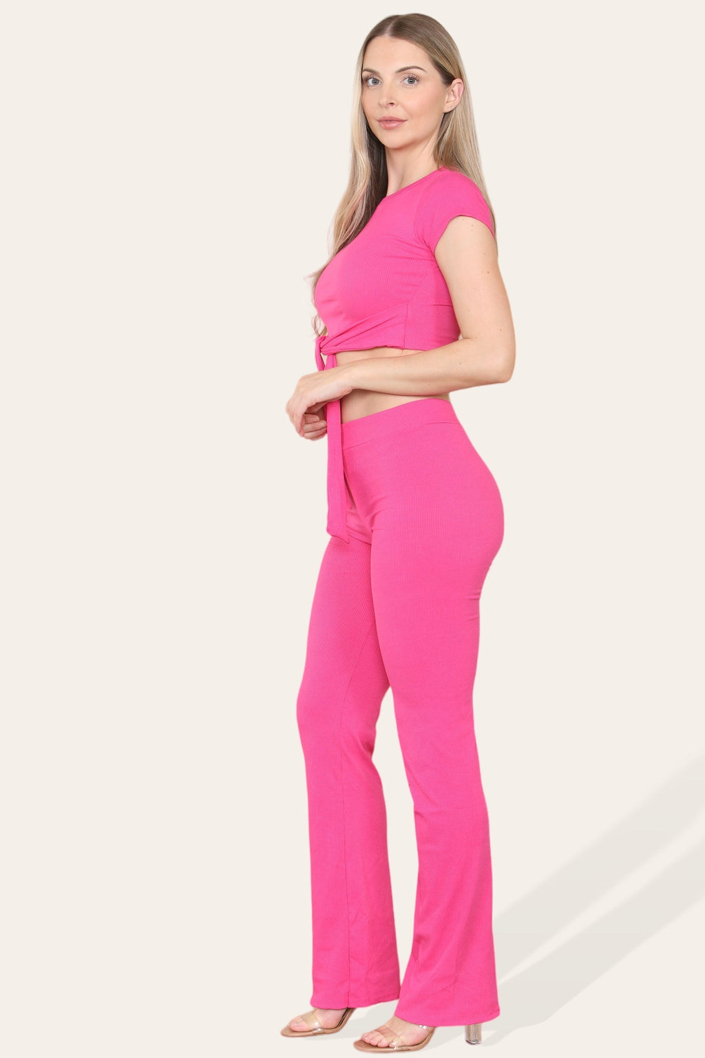 Tie Belt Front Cropped Loungewear Ribbed Trousers Set - Multi Trends