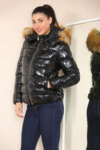 Wet Look Puffer Hooded Jacket with Faux Fur