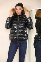 Wet Look Puffer Hooded Jacket with Faux Fur