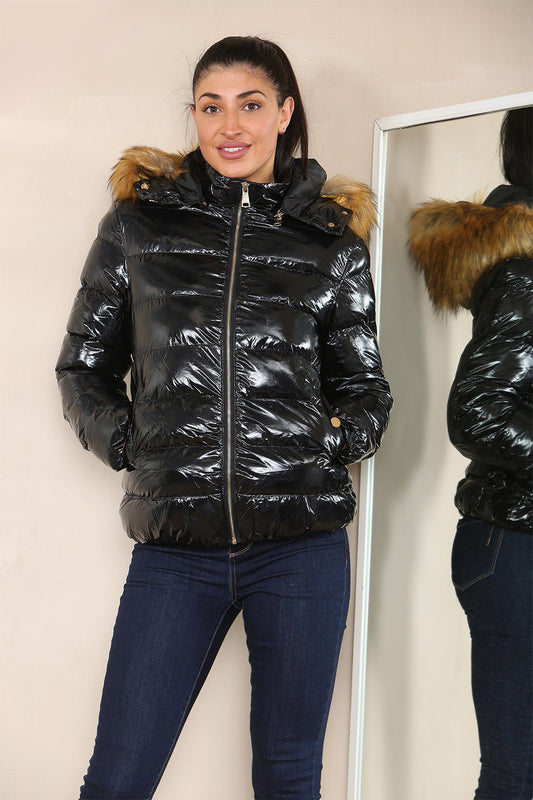 Wet Look Puffer Hooded Jacket with Faux Fur - Multi Trends