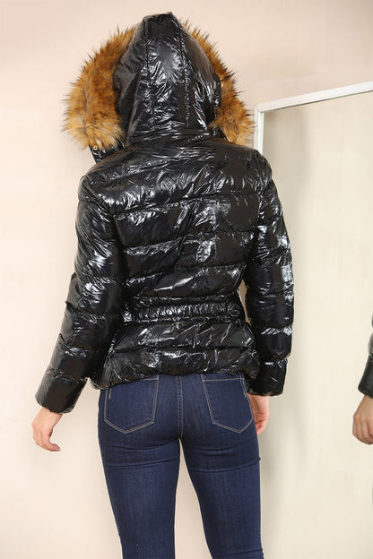 Wet Look Puffer Hooded Jacket with Faux Fur